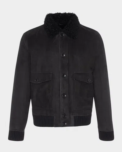 Gorski Men's Shearling Lamb Bomber Jacket In Black