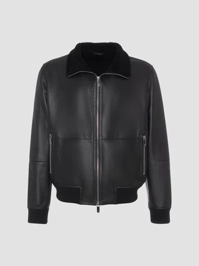 Gorski Men's Shearling Lamb Bomber Jacket In Black