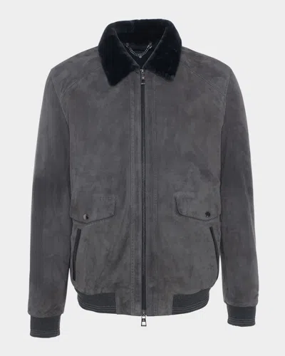 Gorski Men's Suede Jacket With Select Shearling Lamb Lining In Gray