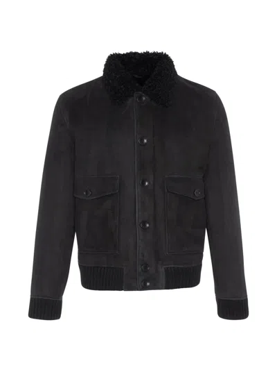 Gorski Men's Suede Shearling Lamb Bomber Jacket In Black