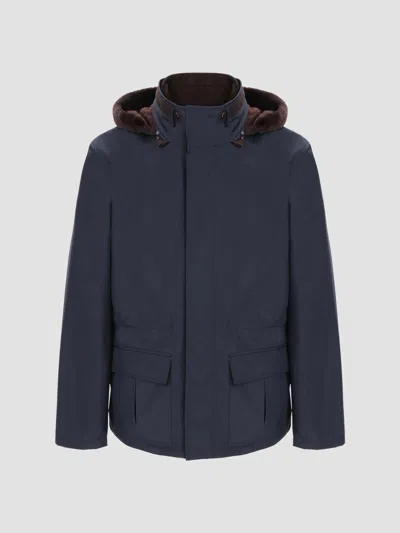 Gorski Men's Water Repellent Parka Jacket With Select Shearling Lamb Trim In Blue