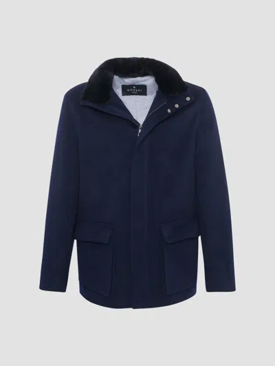 Gorski Men's Wool Jacket With Detachable Select Shearling Lamb Collar In Blue