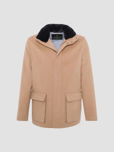 Gorski Men's Wool Jacket With Detachable Select Shearling Lamb Collar In Brown