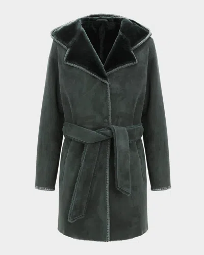 Gorski Merino Shearling Lamb Belted Parka With Embroidered Trim In Green