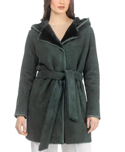 Gorski Merino Shearling Lamb Parka With Embroidered Trim With Belt In Emerald