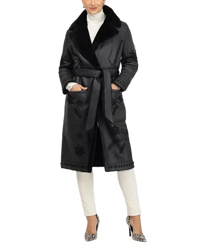 Gorski Merino Shearling Lamb Short Coat With Embroidery And Belt In Black/black