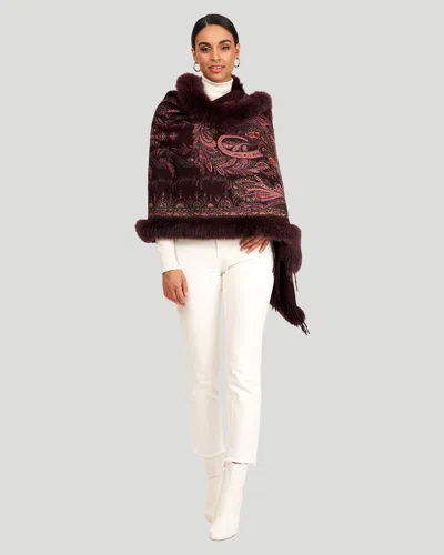 Gorski Printed Cashmere Stole With Fox Tape Top And Bottom In Burgundy