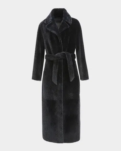 Gorski Reversible Chevron-print Grooved Shearling Lamb Coat With Belt In Black