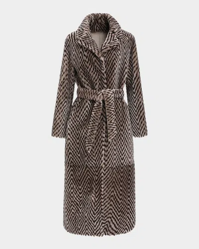 Gorski Reversible Chevron-print Grooved Shearling Lamb Coat With Belt In Brown