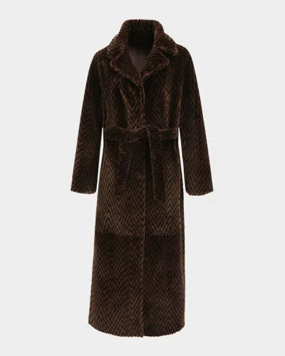 Gorski Reversible Chevron-print Grooved Shearling Lamb Coat With Belt In Brown