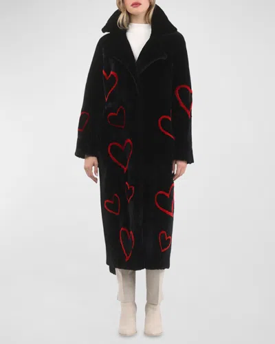 Gorski Reversible Heart Lamb Shearling Coat With Belt In Black/red