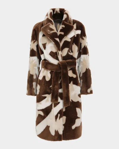 Gorski Reversible Merino Shearling Lamb Belted Short Coat With Butterfly Intarsia In Brown