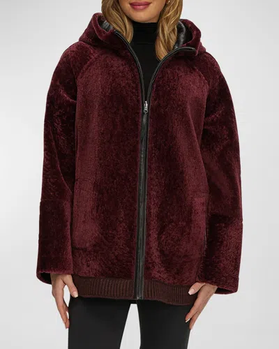 Gorski Reversible Shearling Lamb Zip Parka Jacket With Side Slits In Burgundy/black