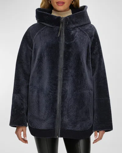 Gorski Reversible Shearling Lamb Zip Parka Jacket With Side Slits In Dark Blue/dark Blue