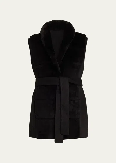 Gorski Reversible Shearling Vest With Belt In Black