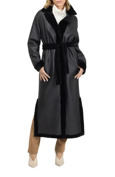 Gorski Reversible Textured Genuine Shearling Coat With Side Slits, Belt In Black