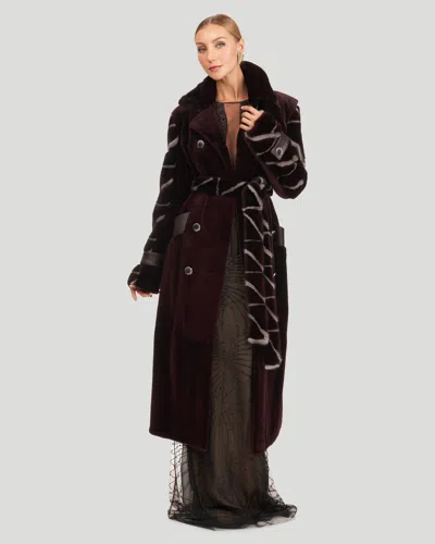 Gorski Sheared Mink Coat With Intarsia Sleeves And Belt In Burgundy