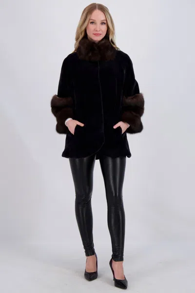 Gorski Sheared Mink Jacket W/ Sable In Grey