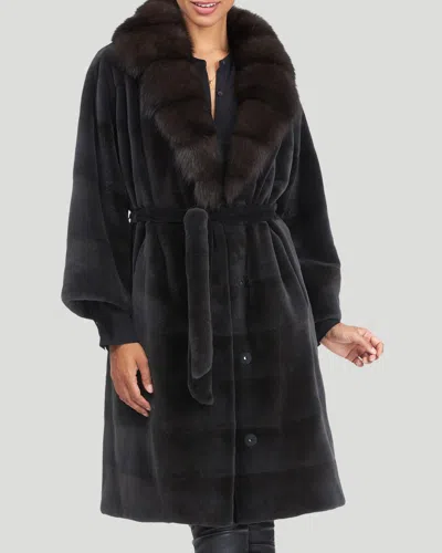 Gorski Sheared Mink Short Coat With Sable Collar And Belt In Black