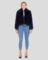 Gorski Shearling Lamb Bomber Jacket With Patent Leather Trim In Blue