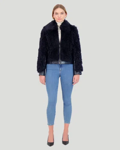Gorski Shearling Lamb Bomber Jacket With Patent Leather Trim In Blue