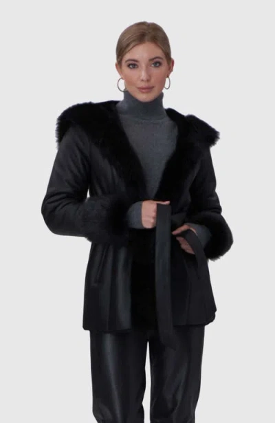 Gorski Belted Shearling Lamb Hooded Jacket With Toscana Trim And Cuffs In Black