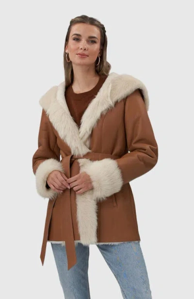 Gorski Belted Shearling Lamb Hooded Jacket With Toscana Trim And Cuffs In Camelwhite