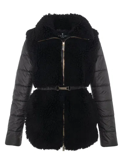 Gorski Women's Curly Shearling Lamb Jacket With Quilted Sleeves And Back, Belt In Black
