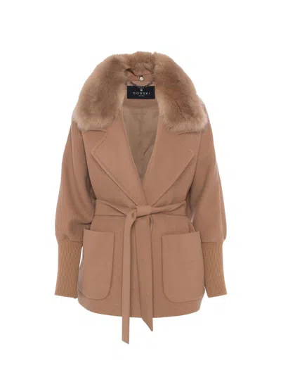 Gorski Women's Fabric Coat With Detachable Shearling Lamb Collar, Belt In Brown