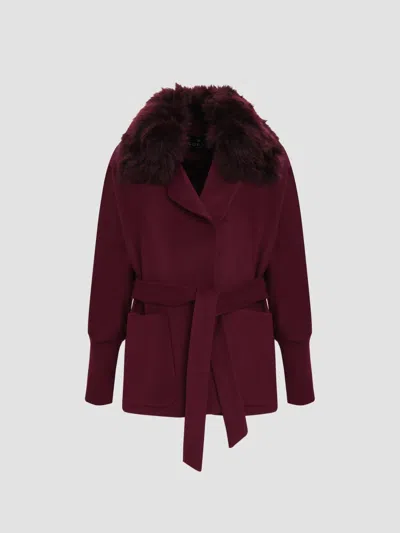 Gorski Women's Fabric Jacket With Detachable Shearling Lamb Collar, Belt In Burgundy