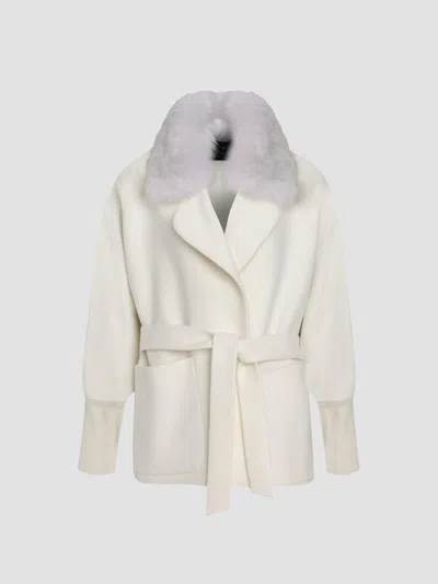 Gorski Women's Fabric Jacket With Detachable Shearling Lamb Collar, Belt In White