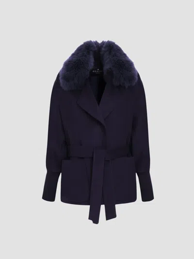 Gorski Women's Fabric Jacket With Detachable Shearling Lamb Collar, Belt In Blue