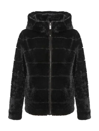 Gorski Women's Horizontal Curly Shearling Lamb Zip Jacket With Hood In Black