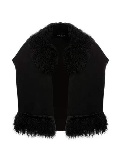 Gorski Women's Knit Vest With Mongolian Shearling Lamb Trim In Black