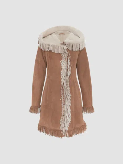 Gorski Women's Merino Shearling Lamb Parka With Fringes, Suede Finish In Brown