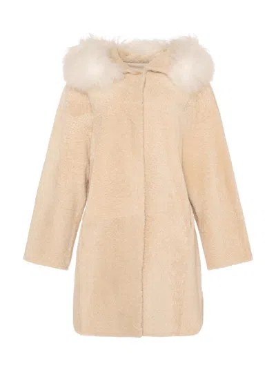 Gorski Women's Reversible New Zealand Shearling Lamb Stroller With Select Mongolian Lamb Hood Trim In Nude