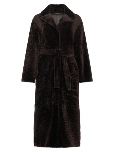 Gorski Women's Reversible Textured Shearling Lamb Coat With Side Slits, Belt In Brown
