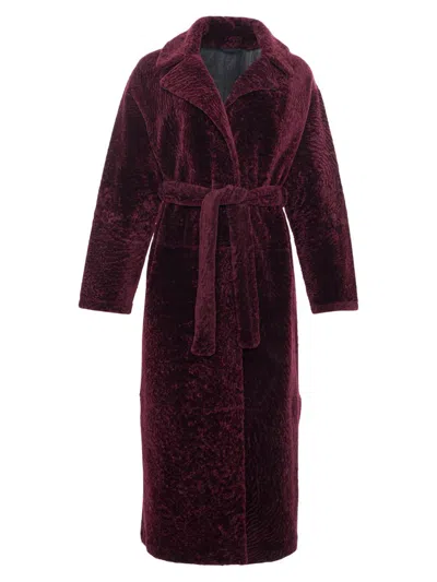 Gorski Women's Reversible Textured Shearling Lamb Coat With Side Slits, Belt In Burgundy