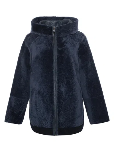 Gorski Women's Reversible Textured Shearling Lamb Zip Parka With Ribbed Hem In Blue