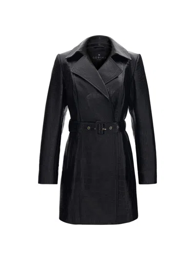 Gorski Women's Select Nappa Leather Croco Embossed Trench Coat, Belt In Black
