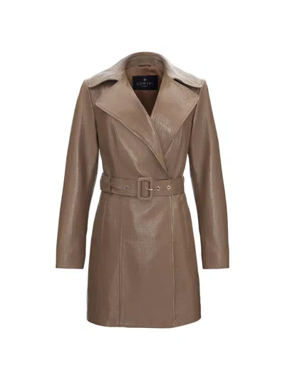 Gorski Women's Select Nappa Leather Croco Embossed Trench Coat, Belt In Brown