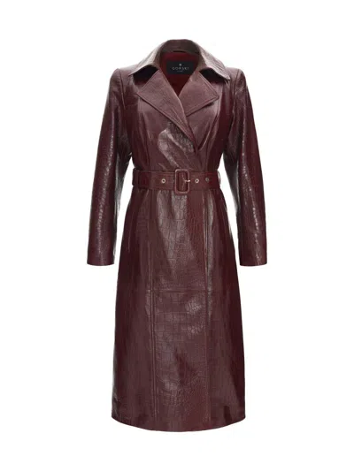 Gorski Women's Select Nappa Leather Croco Embossed Trench Coat, Belt In Burgundy