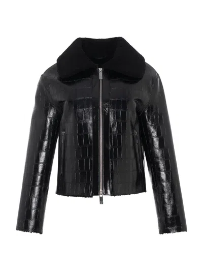Gorski Genuine Shearling Croco Embossed Zip Jacket In Black