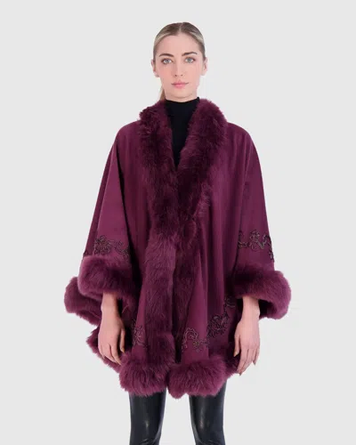 Gorski Wool And Cashmere Cape With Lamb Trim And Ribbon Embroidery In Burgundy