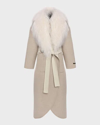 Gorski Loro Piana Wool And Cashmere Coat With Mongolian Shearling Collar In Sandbeige