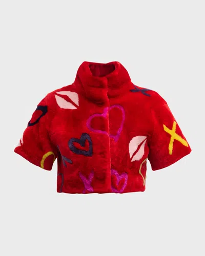 Gorski Xo Short-sleeve Crop Lamb Shearling Bolero In Redxo Multi