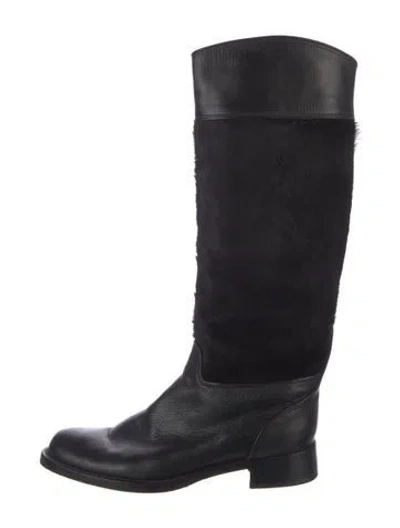 Pre-owned Gorsuch Leather Fur Trim Riding Boots In Black