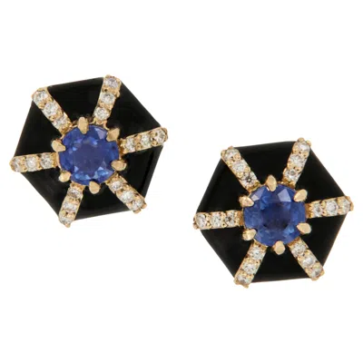 Pre-owned Goshwara 18 Karat Yellow Gold Sapphire Diamond Enamel Queen Earrings By