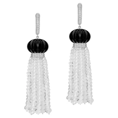 Pre-owned Goshwara Black Fluted Onyx, Moon Quartz Tassel, Diamond Rondel Earrings On Diamond Huggie