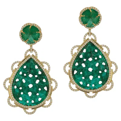 Pre-owned Goshwara Emerald Carved With Carved Flower And Diamonds Earrings In Green